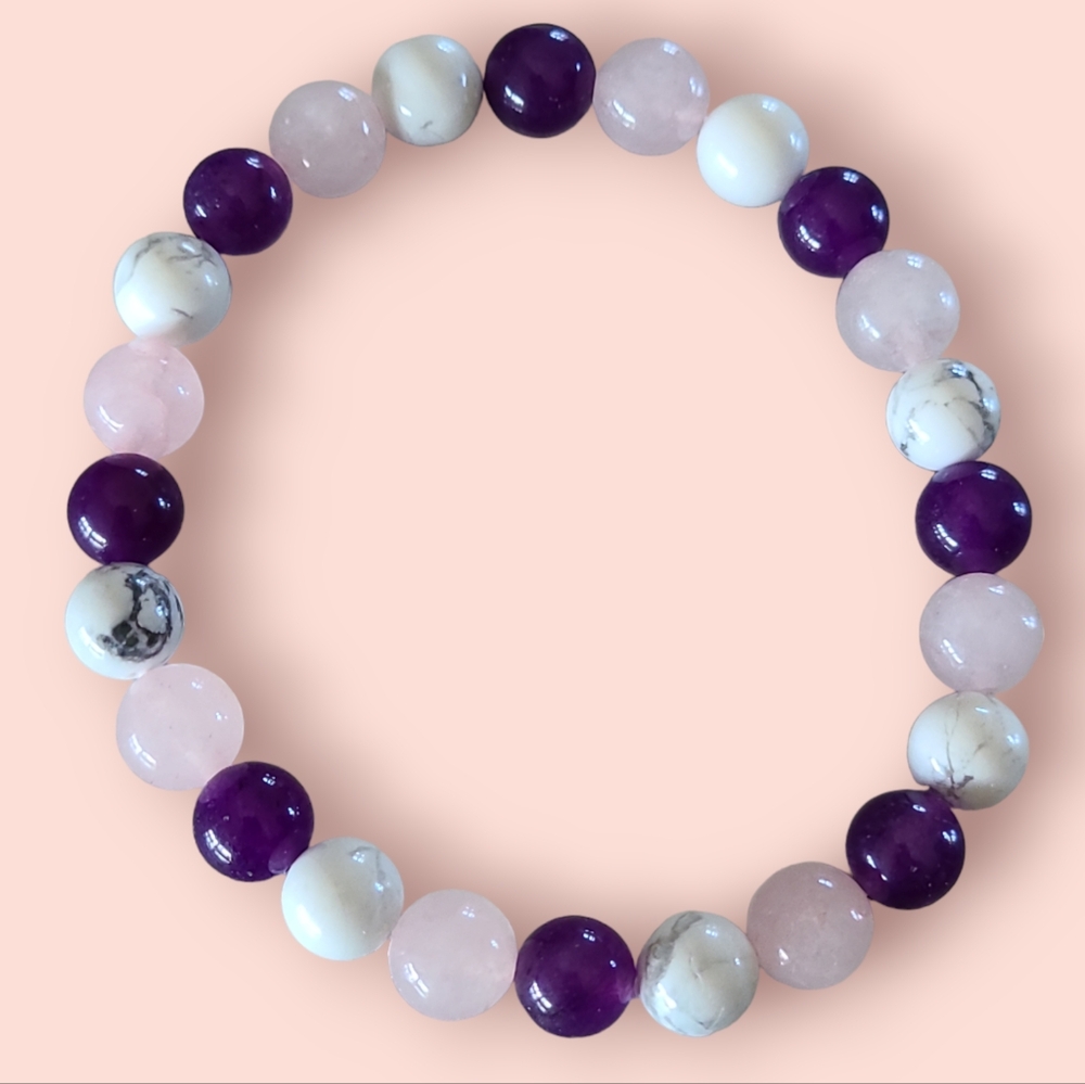 Amethyst, Rose Quartz, Howlite Gemstone Bracelet White/Purple/Pink